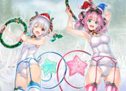 Rule 34 | 2girls, :d, ;d, aqua eyes, armpits, blush, breasts, candy, candy cane, cleavage, double bun, fang, food, forest, garter straps, hair bun, hat, highres, hikimayu, horns, kiyama satoshi, lami shia, long hair, looking at viewer, medium breasts, mistletoe, multiple girls, nature, one-piece swimsuit, one eye closed, open mouth, pink hair, santa hat, shia sisters, silver hair, small breasts, smile, swimsuit, tail, thighhighs, virtual youtuber, vivi shia, white legwear, white one-piece swimsuit, yellow eyes