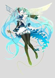 Rule 34 | aqua eyes, aqua hair, black thighhighs, detached sleeves, dress, feet, flying, full body, garter belt, grey background, hatsune miku, headphones, highres, long hair, nagimiso, open mouth, smile, solo, stick, thighhighs, twintails, very long hair, vocaloid, wings