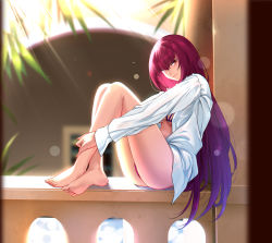 Rule 34 | 1girl, barefoot, bikini, bikini under clothes, blush, breasts, closed mouth, dress shirt, fate/grand order, fate (series), feet, highres, knees up, large breasts, legs, long hair, long sleeves, looking at viewer, open clothes, open shirt, palm tree, purple bikini, purple hair, red eyes, scathach (fate), scathach (fate/grand order), scathach (swimsuit assassin) (fate), shijie jianfa, shirt, sitting, smile, solo, swimsuit, tree, white shirt