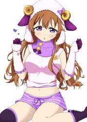 Rule 34 | 1girl, animal costume, animal ears, animal hat, animal hood, arm warmers, artist name, artist request, bare legs, bare shoulders, black footwear, black gloves, blue bow, blush, boots, bow, breasts, brown hair, clenched hands, crescent moon symbol, detached sleeves, exciting animal (love live!), female focus, frilled sleeves, frills, fur-trimmed shirt, fur trim, gloves, hair between eyes, hat, highres, hood, horns, jewelry, kneeling, konoe kanata, long hair, looking at viewer, love live!, love live! nijigasaki high school idol club, love live! school idol festival, love live! school idol festival all stars, parted lips, pink shirt, pink shorts, purple eyes, sheep costume, sheep ears, sheep hood, sheep horns, sheep tail, shirt, shorts, sitting, sleeveless, sleeveless shirt, smile, solo, striped clothes, striped shorts, tail, white background