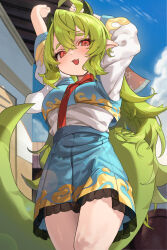 Rule 34 | 1girl, absurdres, ahoge, arms up, blue skirt, blue sky, blue vest, blush, breasts, cloud, cowboy shot, day, dragon tail, fang, film grain, frilled skirt, frills, from below, green hair, hair between eyes, highres, horns, korean commentary, long hair, long sleeves, looking at viewer, medium breasts, necktie, open mouth, original, outdoors, pointy ears, red eyes, red necktie, rima (0136), shirt, skirt, sky, smile, solo, standing, stretching, tail, very long hair, vest, white shirt