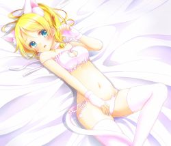 Rule 34 | 1girl, animal ear fluff, animal ears, animal print, aoi (kiyokiyoaomushi), ayase eli, bed sheet, bell, blonde hair, blue eyes, blue nails, blush, bra, breasts, cat ears, cat lingerie, cat panties, cat print, cinderella bust, cleavage, cleavage cutout, clothing cutout, collar, fingerless gloves, from above, gloves, groin, hair between eyes, hand on lap, highres, lingerie, long hair, love live!, love live! school idol project, lying, medium breasts, meme attire, nail polish, navel, neck bell, on back, open mouth, panties, print panties, side-tie panties, solo, thighhighs, underwear, underwear only, white bra, white gloves, white panties, white thighhighs