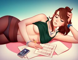 Rule 34 | 1girl, absurdres, breasts, brown hair, cellphone, commentary, high-waist pantyhose, highres, jewelry, leah koenig, looking down, lying, musical note, nail polish, navel, necklace, on side, original, panties, panties under pantyhose, pantyhose, pencil, phone, revision, smartphone, solo, tsuaii, underboob, underwear, watch, wristwatch