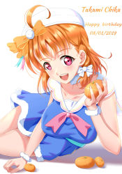 Rule 34 | 1girl, 2019, absurdres, artist name, artist request, blue dress, bow, breasts, collarbone, dress, female focus, food, fruit, hat, highres, holding orange, love live!, love live! school idol festival, love live! sunshine!!, orange (fruit), orange hair, orange ribbon, parted lips, pink bow, red eyes, ribbon, sailor collar, scrunchie, short hair, solo, takami chika, white background, white bow, white hat, wrist scrunchie