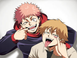 Rule 34 | 2boys, :d, akanbe, blonde hair, brown eyes, chainsaw man, crossover, denji (chainsaw man), eyelid pull, facial mark, highres, itadori yuuji, jujutsu kaisen, long sleeves, male focus, multiple boys, necktie, open mouth, pink hair, sharp teeth, shirt, short hair, simple background, smile, teeth, tina fate, tongue, tongue out, trait connection, white background, yellow eyes