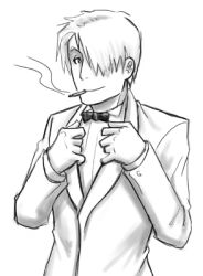 Rule 34 | 007, 1boy, cigarette, crossover, formal, ginko, greyscale, hair over one eye, james bond, james bond (series), lowres, male focus, monochrome, mushishi, parody, smile, smoking, solo, suit