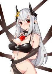 Rule 34 | apple, arknights, arms behind back, bikini, bikini top only, black bikini, black collar, black ribbon, bottomless, breasts, cleavage, collar, cowboy shot, demon horns, earclip, flower, food, fruit, grey hair, groin, hair flower, hair ornament, horns, inniyik, large breasts, long hair, looking at viewer, mudrock (arknights), mudrock (silent night) (arknights), navel, official alternate costume, parted lips, pointy ears, red eyes, ribbon, simple background, swimsuit, very long hair, white background, yellow flower