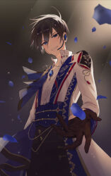 Rule 34 | 1boy, black gloves, black hair, blue eyes, blue petals, commentary request, cowboy shot, ensemble stars!, from below, gloves, headset, hidaka hokuto, highres, jewelry, long sleeves, looking at viewer, male focus, outstretched hand, rice (rice8p), short hair, solo, teeth