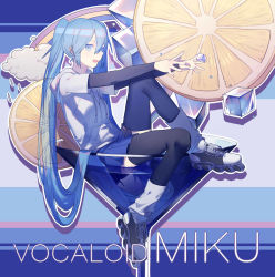 Rule 34 | 1girl, black thighhighs, blue eyes, blue hair, character name, copyright name, food, fruit, hatsune miku, highres, hood, hoodie, ice, ice cube, inline skates, lemon, lemon slice, long hair, matching hair/eyes, open mouth, roller skates, sitting, skates, skirt, solo, thighhighs, twintails, very long hair, vocaloid, zpm