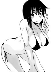 Rule 34 | 00s, 1girl, ass, bare shoulders, bent over, bikini, blush, breasts, butt crack, cosaten, downpants, dutch angle, greyscale, hanging breasts, heart, huge breasts, looking at viewer, monochrome, school rumble, side-tie bikini bottom, solo, strap gap, suou mikoto (school rumble), swimsuit, v, wavy mouth
