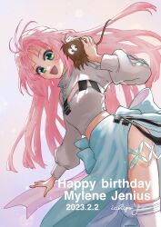 Rule 34 | 1girl, absurdres, arm cutout, artist name, black eyes, blue bow, blue skirt, bow, camisole, character name, creature, dated, floating hair, green eyes, grey camisole, guvava, hair intakes, happy birthday, highres, ichigo jam, looking down, looking to the side, macross, macross 7, mylene jenius, open hand, pink hair, shrug (clothing), skirt, smile, solo focus, tail, thighhighs, white thighhighs