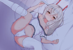 Rule 34 | 1girl, ayanami (azur lane), ayanami (niconico) (azur lane), azur lane, bandaid, bandaid on arm, bandaid on cheek, bandaid on face, bare shoulders, bed sheet, blush, breasts, cleavage, collarbone, commentary request, detached sleeves, from above, grey hair, hair between eyes, headgear, highres, legs up, long hair, looking at viewer, looking up, lying, m legs, navel, official alternate costume, on back, orange eyes, oyukome, panties, ponytail, short sleeves, sidelocks, solo, spread legs, stomach, thighhighs, underwear, white panties