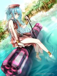 Rule 34 | 1girl, anklet, aqua hair, armlet, barefoot, bikini, braid, cannon, chain, closed mouth, crown braid, dutch angle, enish inc, from side, green eyes, hat, highres, holding, jewelry, long hair, long legs, ocean, outdoors, sailor collar, sarong, shell, shell bikini, shirako miso, sitting, smile, solo, swimsuit, watermark