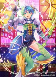 Rule 34 | 1girl, blue eyes, blue hair, boots, bow (weapon), company name, copyright name, fire emblem, fire emblem cipher, flower, gauntlets, gloves, hair flower, hair ornament, leaf, matching hair/eyes, matsurika youko, nintendo, official art, short hair, solo, thighhighs, tokyo mirage sessions fe, weapon, yumizuru eleanora