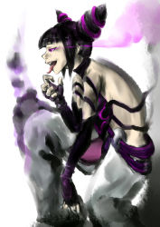 Rule 34 | 1girl, baggy pants, bare shoulders, black hair, bracelet, capcom, drill hair, gradient background, halterneck, han juri, highres, hone1210, jewelry, looking to the side, pants, purple eyes, solo, spiked bracelet, spikes, street fighter, street fighter iv (series), tongue, tongue out, twin drills