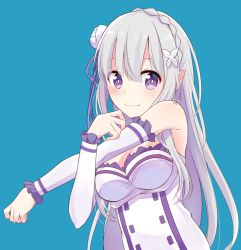 Rule 34 | 1girl, blue background, breasts, butterfly hair ornament, cleavage, detached sleeves, emilia (re:zero), floating hair, flower, frilled sleeves, frills, hair between eyes, hair flower, hair ornament, hair ribbon, long hair, long sleeves, looking at viewer, medium breasts, nemu mohu, pointy ears, purple eyes, purple ribbon, re:zero kara hajimeru isekai seikatsu, ribbon, silver hair, simple background, smile, solo, stretching, upper body, very long hair, white flower, white sleeves