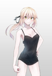 Rule 34 | 1girl, artoria pendragon (all), artoria pendragon (fate), bare arms, black ribbon, black shirt, black shorts, blonde hair, blush, breasts, cleavage, closed mouth, collarbone, covered navel, fate/stay night, fate (series), floating hair, gradient background, grey background, hair between eyes, hair ribbon, hand on own hip, highres, long hair, looking at viewer, medium breasts, ponytail, ribbon, saber alter, shirt, short shorts, shorts, sideboob, sleeveless, sleeveless shirt, solo, spaghetti strap, standing, yagisawa teru, yellow eyes