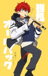 Rule 34 | 1boy, amagi hiiro, black footwear, blue eyes, blush, buttons, collared shirt, commentary, ensemble stars!, foot out of frame, highres, holding, holding instrument, hood, hood down, instrument, jacket, long sleeves, male focus, open clothes, open jacket, playing flute, red hair, rinaka, shirt, short hair, solo, sweater, symbol-only commentary, translation request, yellow background