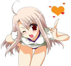 Rule 34 | 00s, 1girl, fate/stay night, fate (series), hand on own hip, heart, hip focus, illyasviel von einzbern, kineya emuko, leaning forward, official alternate costume, one eye closed, open mouth, pointing, raised eyebrow, simple background, solo, wink