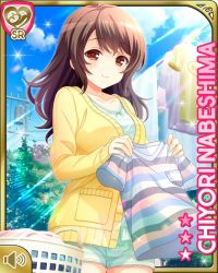 Rule 34 | 1girl, bare legs, brown hair, buttons, card, character name, closed mouth, clothesline, collarbone, day, girlfriend (kari), green shirt, green shorts, laundry, laundry basket, nabeshima chiyori, official art, outdoors, pajamas, qp:flapper, red eyes, shirt, shoes, shorts, smile, solo, standing, tagme