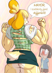 Rule 34 | + +, 2girls, animal crossing, animal ears, ass, black eyes, blonde hair, blue shirt, blush, breasts, brown hair, brown shorts, clenched hand, cowboy shot, dog ears, dog girl, dog tail, english text, female focus, flexing, from behind, furry, furry female, green skirt, green vest, hair tie, hands up, isabelle (animal crossing), large breasts, looking at another, looking up, lyzergide, microskirt, multiple girls, muscular, muscular female, nintendo, nose blush, open mouth, pencil skirt, pink background, plaid, plaid vest, shiny skin, shirt, short sleeves, shorts, sideways mouth, simple background, size difference, skirt, small breasts, solo focus, speech bubble, tail, talking, text focus, thick thighs, thighs, topknot, torn clothes, torn shirt, torn skirt, torn vest, vest, villager (animal crossing), white shirt