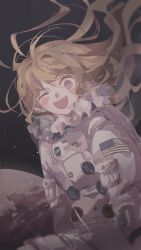 Rule 34 | 1girl, absurdres, alternate costume, american flag, astronaut, blonde hair, clownpiece, hair flowing over, highres, legacy of lunatic kingdom, long hair, looking at viewer, neck ruff, one eye closed, open mouth, pink eyes, rudopudding, smile, space, spacesuit, touhou, universe
