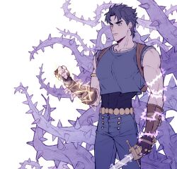 Rule 34 | ..., 1boy, abs, backpack, bag, belt, blue eyes, blue hair, clenched hand, closed mouth, commentary request, electricity, fingerless gloves, gloves, hako iix07, hamon, hermit purple, holding, holding sword, holding weapon, jojo no kimyou na bouken, jonathan joestar, luck and pluck, male focus, muscular, muscular male, phantom blood, plant, short hair, solo, spoken ellipsis, stand (jojo), standing, sword, vines, weapon, white background