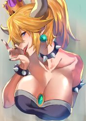 Rule 34 | 1girl, absurdres, black nails, blonde hair, blue eyes, bowsette, breasts, cleavage, collarbone, cropped torso, crown, earrings, fingernails, highres, hotate-chan, jewelry, large breasts, licking, mario (series), nail polish, new super mario bros. u deluxe, nintendo, pointy ears, ponytail, sharp fingernails, sharp teeth, smile, solo, super crown, teeth, tongue, tongue out, upper body
