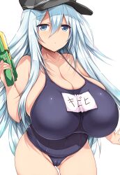 Rule 34 | 1girl, blue eyes, breasts, cameltoe, cleavage, cleft of venus, collarbone, dot nose, expressionless, female focus, gluteal fold, hair between eyes, hat, hibiki (kancolle), highres, holding, holding water gun, huge breasts, japanese text, kantai collection, long hair, looking at viewer, one-piece swimsuit, school uniform, skindentation, solo, swimsuit, triangle mouth, tsukasawa takamatsu, water gun, white background, white hair