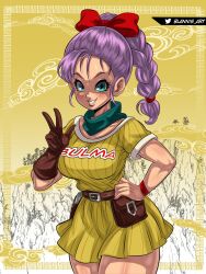 1girl artist_name asymmetrical_gloves belt blannis bow braid braided_ponytail breasts brown_belt brown_gloves bulma character_name cowboy_shot dragon_ball dragon_ball_(classic) eyebrows eyelashes female_focus gloves gradient_background green_eyes green_scarf grin hair_bow hand_on_own_hip hand_up large_breasts lips long_hair looking_at_viewer official_alternate_costume purple_hair red_bow scarf shirt short_sleeves skirt smile solo standing teeth two-tone_background w white_background yellow_background yellow_shirt yellow_skirt