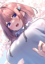 Rule 34 | 1girl, :d, absurdres, baffu, blue eyes, blush, breasts, brown hair, colored eyelashes, from below, hair ornament, hairclip, heart, highres, hitoyo (baffu), lap pov, large breasts, looking at viewer, looking down, open mouth, original, short hair, smile, sweater, upper body, white sweater