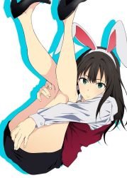 Rule 34 | 10s, 1girl, animal ears, black hair, covering privates, covering crotch, fake animal ears, green eyes, high heels, highres, idolmaster, idolmaster cinderella girls, jewelry, legs up, long hair, looking at viewer, necklace, no socks, rabbit ears, shibuya rin, simple background, skirt, smile, solo, white background, yoshiki360