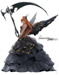 Rule 34 | 1girl, artist name, black dress, black wings, blonde hair, blue eyes, commentary, dress, feathered wings, from side, full body, hair ornament, highres, hu dako, jewelry, long dress, long hair, looking at viewer, looking to the side, original, parted lips, scythe, simple background, solo, strapless, strapless dress, very long hair, white background, wings