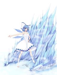 Rule 34 | &gt;:d, 1girl, :d, alternate costume, bad id, bad pixiv id, bare shoulders, barefoot, blue eyes, blue hair, bow, cirno, dress, full body, hair bow, hand on own hip, highres, ice, matching hair/eyes, open mouth, outstretched arm, short hair, smile, solo, standing, toeless legwear, toes, touhou, v-shaped eyebrows, wel roys, white background, white dress