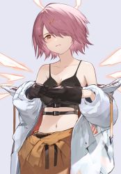 Rule 34 | 1girl, aizawa masaya, alternate costume, arknights, bare shoulders, black gloves, blush, breasts, brown eyes, brown pants, camisole, cleavage cutout, clothing cutout, collarbone, commentary request, crop top, exusiai (arknights), female focus, gloves, grey background, hair ornament, hair over one eye, hairclip, halo, highres, jacket, long sleeves, looking at viewer, midriff, navel, off shoulder, pants, pink hair, short hair, simple background, small breasts, solo, spaghetti strap, stomach, upper body, white jacket