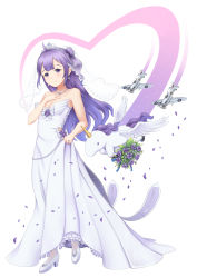 Rule 34 | 1girl, absurdres, aircraft, airplane, animal, azur lane, bare arms, bare shoulders, blurry, blurry foreground, blush, bouquet, breasts, bridal veil, cleavage, closed mouth, depth of field, dress, fingernails, flower, flying, hair bun, hand on own chest, hand up, head tilt, heart, high heels, highres, intelman, jewelry, long hair, medium breasts, necklace, one side up, petals, pleated dress, purple eyes, purple flower, purple hair, purple rose, ring, rose, see-through, shoes, side bun, single hair bun, single side bun, skirt hold, smile, solo, strapless, strapless dress, tiara, unicorn (azur lane), veil, very long hair, wedding band, white background, white dress, white footwear, winged unicorn