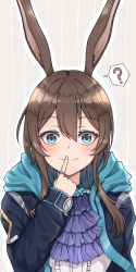 Rule 34 | 1girl, ?, absurdres, amiya (arknights), animal ears, arknights, ascot, blue ascot, blue eyes, blue jacket, blush, brown hair, commentary request, grey background, hair between eyes, hand up, highres, index finger raised, jacket, long hair, looking at viewer, mango (mgo), open clothes, open jacket, rabbit ears, shirt, smile, solo, spoken question mark, upper body, white shirt