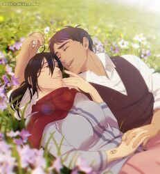 Rule 34 | 1boy, 1girl, black eyes, black hair, breasts, brown hair, brown vest, chromatic aberration, closed eyes, commentary request, eren yeager, field, flower, flower field, grass, hair between eyes, hanpetos, hetero, holding hands, interlocked fingers, large breasts, lying, mikasa ackerman, on back, photo-referenced, pink skirt, red scarf, scarf, shingeki no kyojin, skirt, smile, spanish commentary, vest