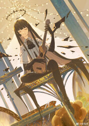 Rule 34 | 1girl, absurdly long hair, absurdres, ahoge, architecture, arknights, artist name, ascot, backlighting, belt, belt buckle, black ascot, black footwear, black gloves, black hair, black halo, black shirt, black skirt, black thighhighs, black wings, blunt bangs, broken halo, buckle, buttons, ceiling light, cello, chinese commentary, chinese text, clear sky, closed mouth, collared jacket, colored inner hair, commentary request, crossed legs, dangling, dark halo, detached wings, dress shirt, dutch angle, energy wings, eyelashes, facing viewer, figure four sitting, film grain, flat chest, full body, gem, gloves, grey sky, halo, high heels, highres, hime cut, holding, holding instrument, holding violin, instrument, jacket, jewelry, layered sleeves, light brown hair, light bulb, light rays, lips, long hair, long sleeves, lubusi, miniskirt, mirror, mole, mole under eye, multicolored hair, music, outdoors, outer glow, pearl (gemstone), phonograph, pillar, playing, playing instrument, reflection, see-through, shirt, short over long sleeves, short-sleeved jacket, short sleeves, sidelocks, sitting, sitting on table, skirt, sky, smile, solo, strappy heels, string of light bulbs, sunlight, table, thighhighs, two-tone hair, very long hair, violin, virtuosa (arknights), watermark, weibo logo, weibo username, white belt, white jacket, wide sleeves, wings