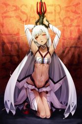 Rule 34 | 1girl, altera (fate), armpits, arms up, blush, bodypaint, dark-skinned female, dark skin, darkmaya, detached sleeves, fate/grand order, fate (series), gradient background, kneeling, long hair, looking at viewer, midriff, navel, open mouth, photon ray (fate), red eyes, saber (fate/grand order), solo, strapless, sword, tube top, veil, very long hair, weapon, white hair