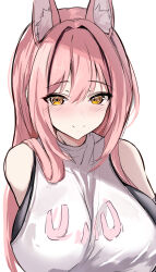 Rule 34 | 1girl, absurdres, animal ear fluff, animal ears, bare shoulders, black sports bra, breasts, closed mouth, goddess of victory: nikke, hair intakes, highres, kurono suzuran, large breasts, leona (nikke), long hair, looking at viewer, pink hair, shirt, sideless shirt, sidelocks, simple background, smile, sports bra, upper body, white background, white shirt, yellow eyes