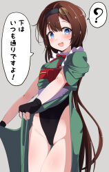 Rule 34 | :d, absurdres, apron, black gloves, black leotard, blue eyes, blush, brown hair, clothing aside, fingerless gloves, frilled apron, frills, gloves, goddess of victory: nikke, green kimono, hairband, highres, japanese clothes, kimono, leotard, leotard under clothes, lifted by self, long hair, looking at viewer, mica (nikke), mica (snow buddy) (nikke), official alternate costume, open mouth, red ribbon, ribbon, smile, tetori (tetolisto), white apron