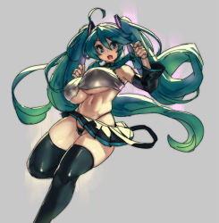 Rule 34 | 1girl, adapted costume, ahoge, alternate breast size, aqua eyes, aqua hair, black thighhighs, breasts, curvy, detached sleeves, eu03, fang, grey background, hatsune miku, huge breasts, large breasts, long hair, looking at viewer, midair, miniskirt, navel, necktie, open mouth, simple background, sketch, skindentation, skirt, sleeveless, solo, thick thighs, thighhighs, thighs, thong, twintails, underboob, very long hair, vocaloid, wide hips