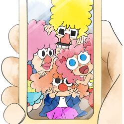 Rule 34 | 2girls, 3boys, big nose, blonde hair, bow, cellphone, facial hair, hair bow, holding, holding phone, james t, jamie t, jimmy t, mama t, multiple boys, multiple girls, mustache, nintendo, official art, open mouth, orange hair, papa t, phone, pink hair, red nose, smile, sunglasses, takeuchi kou, third-party source, warioware, warioware: get it together!