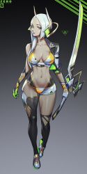 Rule 34 | 1girl, android, banned artist, blue eyes, breasts, cleavage, curvy, highres, jacket, lips, looking at viewer, medium breasts, navel, open clothes, original, purple lips, short hair, single thighhigh, solo, sword, thick thighs, thigh gap, thighhighs, thighs, weapon, white hair, zeronis