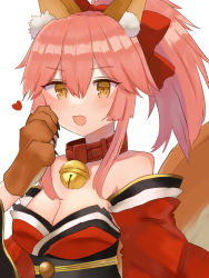 Rule 34 | 1girl, animal ear fluff, animal ears, animal hands, artist request, bad id, bad pixiv id, bare shoulders, bell, breasts, cat paws, cleavage, detached sleeves, fate/grand order, fate (series), fox ears, fox girl, fox tail, gloves, hair ribbon, heart, japanese clothes, jingle bell, kimono, large breasts, long hair, looking at viewer, looking to the side, neck bell, open mouth, paw gloves, pink hair, red kimono, red ribbon, ribbon, simple background, solo, tail, tamamo (fate), tamamo cat (fate), tamamo cat (first ascension) (fate), white background, yellow eyes
