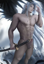 Rule 34 | 1boy, abs, black wings, erection, final fantasy, final fantasy vii, highres, holding, holding sword, holding weapon, jewelry, long hair, male focus, navel, necklace, nude, penis, sakimichan, sephiroth, sheath, silver hair, single wing, solo, standing, sword, testicles, uncensored, weapon, wings