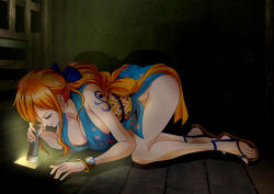 Rule 34 | 1girl, all fours, arched back, ass, breasts, downblouse, earrings, highres, indoors, jewelry, large breasts, long hair, nami (one piece), one piece, orange hair, sandals, tagme