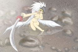 Rule 34 | 1girl, barefoot, blonde hair, braid, breasts, collarbone, covering privates, covering breasts, duel monster, facial mark, feathers, feet, female focus, groin, guardian eatos, hair between eyes, headdress, hip focus, holding, kneeling, legs, looking at viewer, navel, nude, nude cover, open mouth, outstretched arm, rock, short hair, solo, sword, weapon, wings, yellow eyes, yu-gi-oh!, yuu-gi-ou, yu-gi-oh! duel monsters