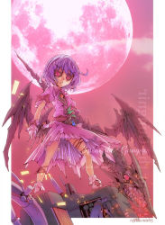 Rule 34 | 1girl, english text, female focus, full body, mk-5, outdoors, polearm, purple hair, red eyes, remilia scarlet, short hair, sky, solo, spear, spear the gungnir, touhou, weapon, wings